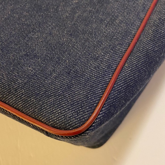 RARE Vintage Burberry Embroidered with Red Leather Trim Handbag Blue Denim Tote - Picture 12 of 16